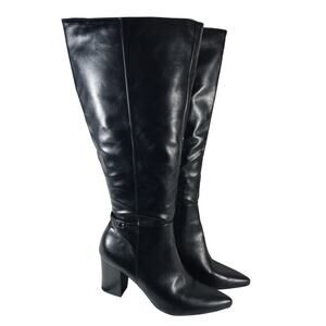 LIFESTRIDE! BLACK VEGAN LEATHER CHUNKY HEEL, STRAP/BUCKLE WIDE CALF BOOTS! SZ 9M